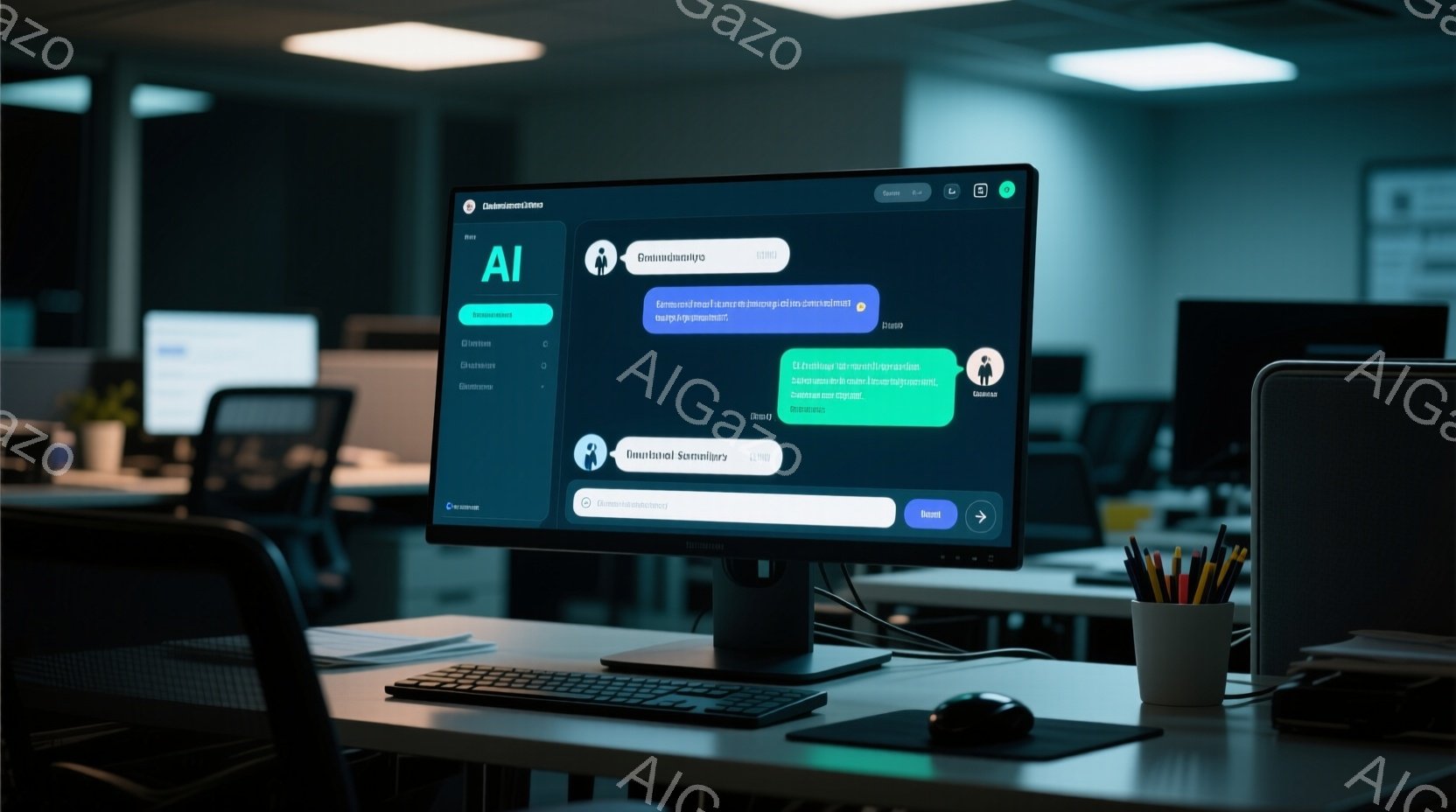 デスクトップパソコンの画面には、ビデオ会議のインターフェースが表示されており、参加者のアバターとチャットメッセージが見えます。机の上には、ペン立て、ノート、キーボード、マウスが置かれており、背景はオフィスまたは自宅のワークスペースのように見えます。全体的に、集中して作業している、またはオンラインでコミュニケーションをとっている様子が伺える、モダンで機能的な雰囲気です。