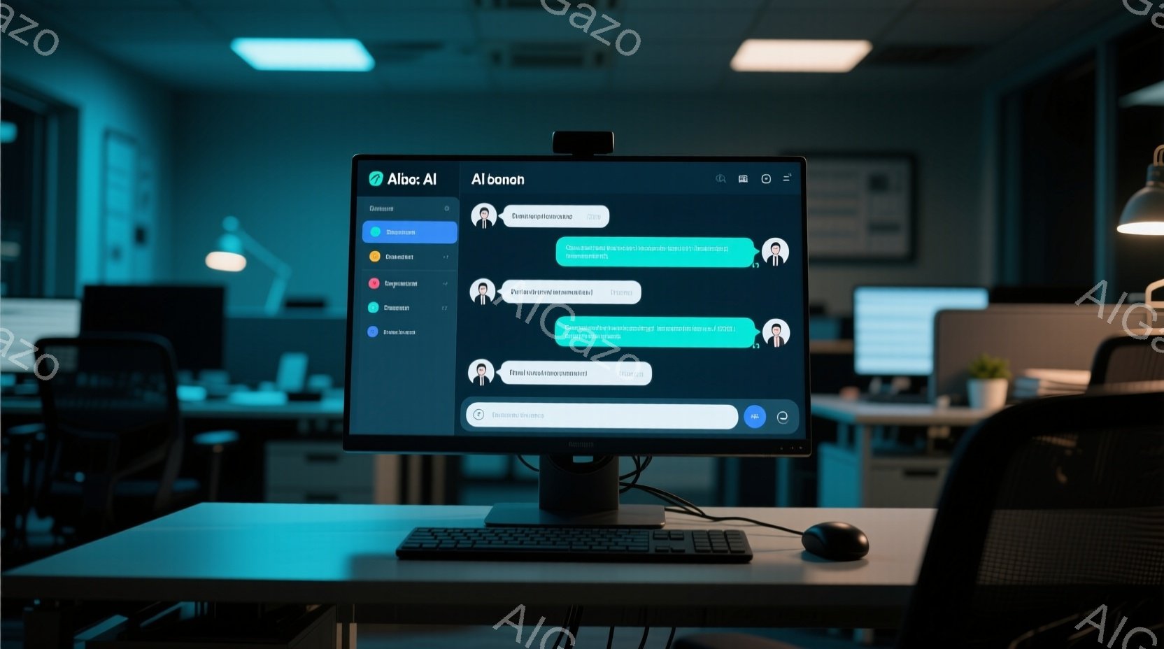 デスクの上にモニターが置かれており、画面には青いインターフェースが表示されています。背景は薄暗く、オフィス環境を思わせるモダンな空間で、間接照明が照らされています。全体的に落ち着いた雰囲気で、集中して作業に取り組むための環境を連想させます。