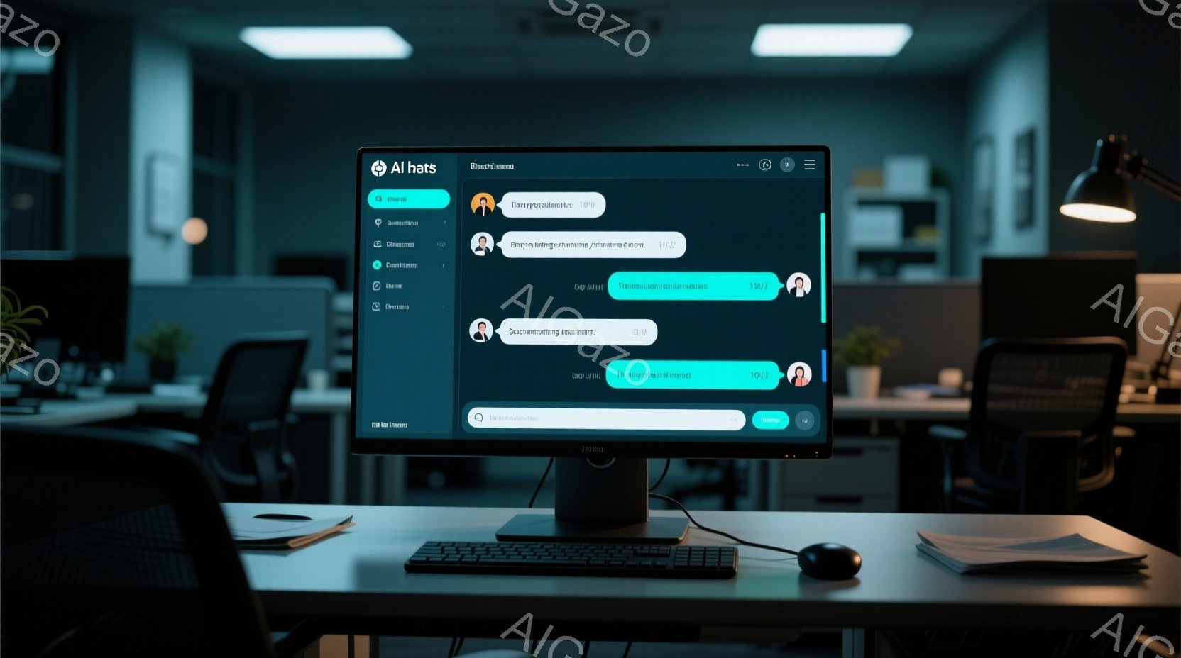 暗い部屋で、デスクの上にはモニターが置かれ、ビデオ会議の画面が表示されています。モニターには複数の参加者のアイコンと名前が映っており、それぞれがチャット画面の一部を占めています。全体の雰囲気は、夜間のオフィスや自宅でのリモートワークを示唆しており、集中して作業に取り組む静かな環境を連想させます。