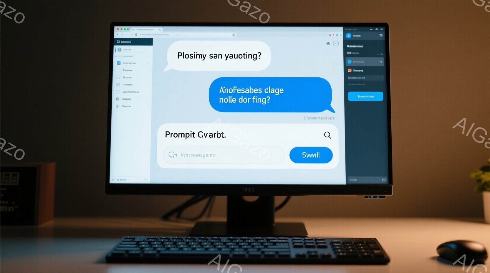 デスクトップパソコンが写っており、画面にはウェブブラウザとチャットウィンドウが表示されています。キーボードとマウスが配置されており、モダンなワークスペースを連想させます。全体的に落ち着いた雰囲気で、仕事や学習に集中できる環境が表現されています。