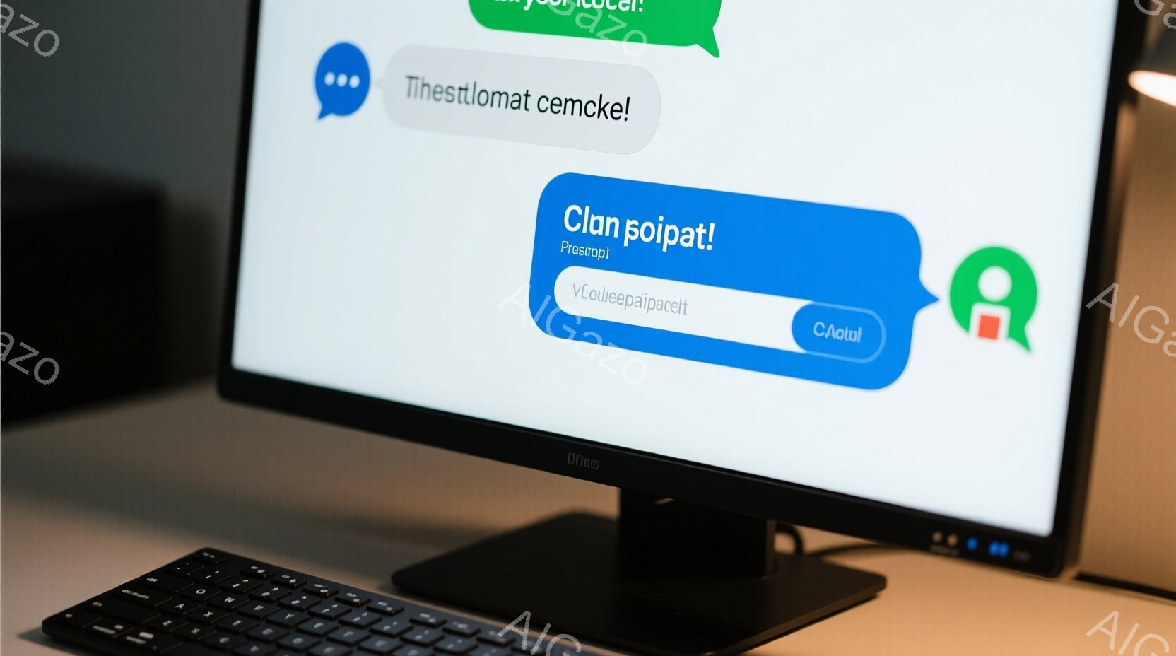 デスクトップコンピュータのモニターに、テキスト「This is a test. Please describe this image in detail」と「What about this?」が表示されています。キーボードとマウスパッドがモニターの前に置かれており、全体的にオフィスや自宅のワークスペースの様子を捉えています。明るい照明とシンプルな背景が、集中して作業できる落ち着いた雰囲気を作り出しています。