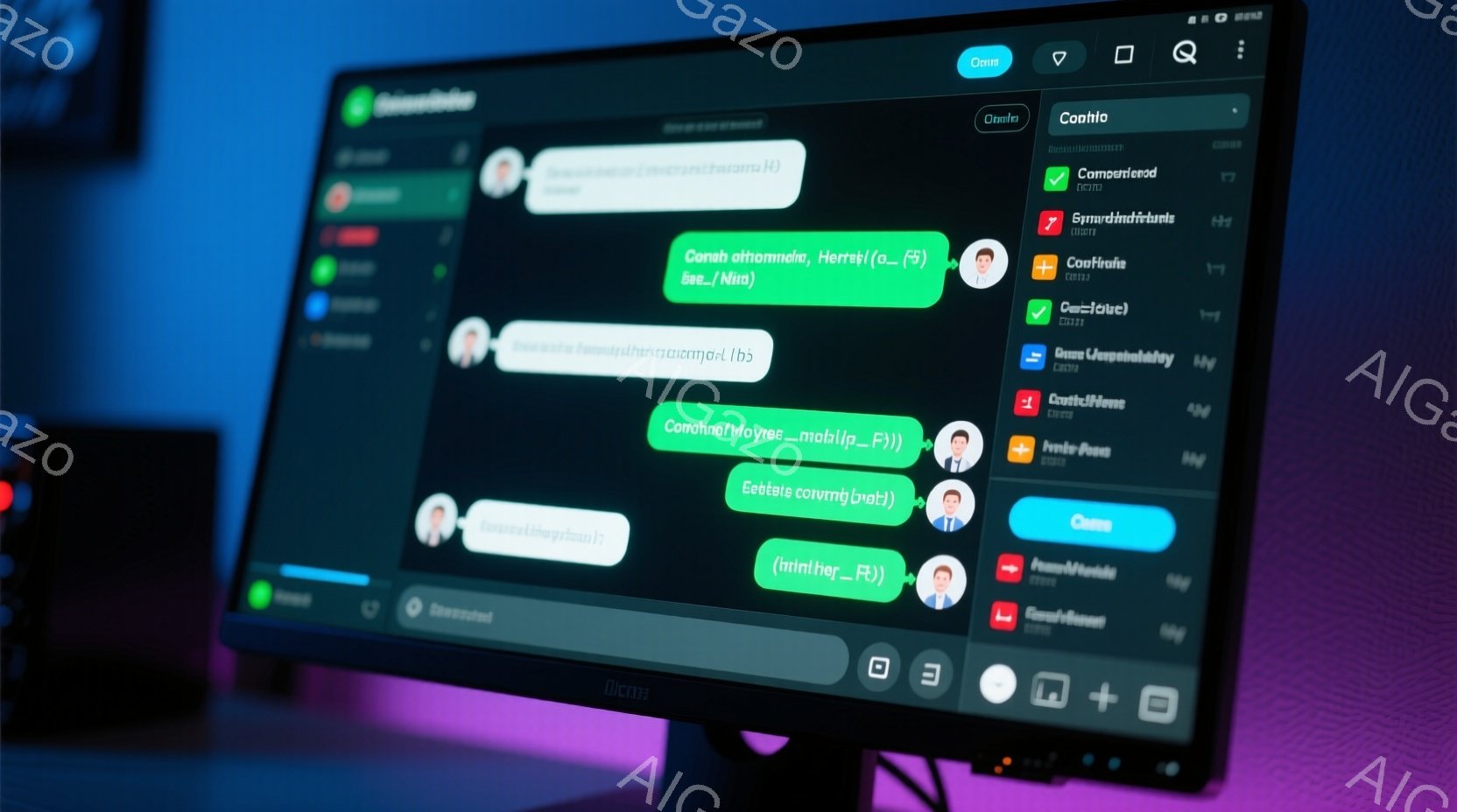 画面には、暗い背景に青いインターフェースのオンラインチャットの様子が映っています。各メッセージには、小さなアバター画像とともに名前が表示されており、チャットの参加者がリスト形式で表示されています。全体的に、夜間または暗い部屋でオンラインコミュニケーションを行っている雰囲気が伝わってきます。
