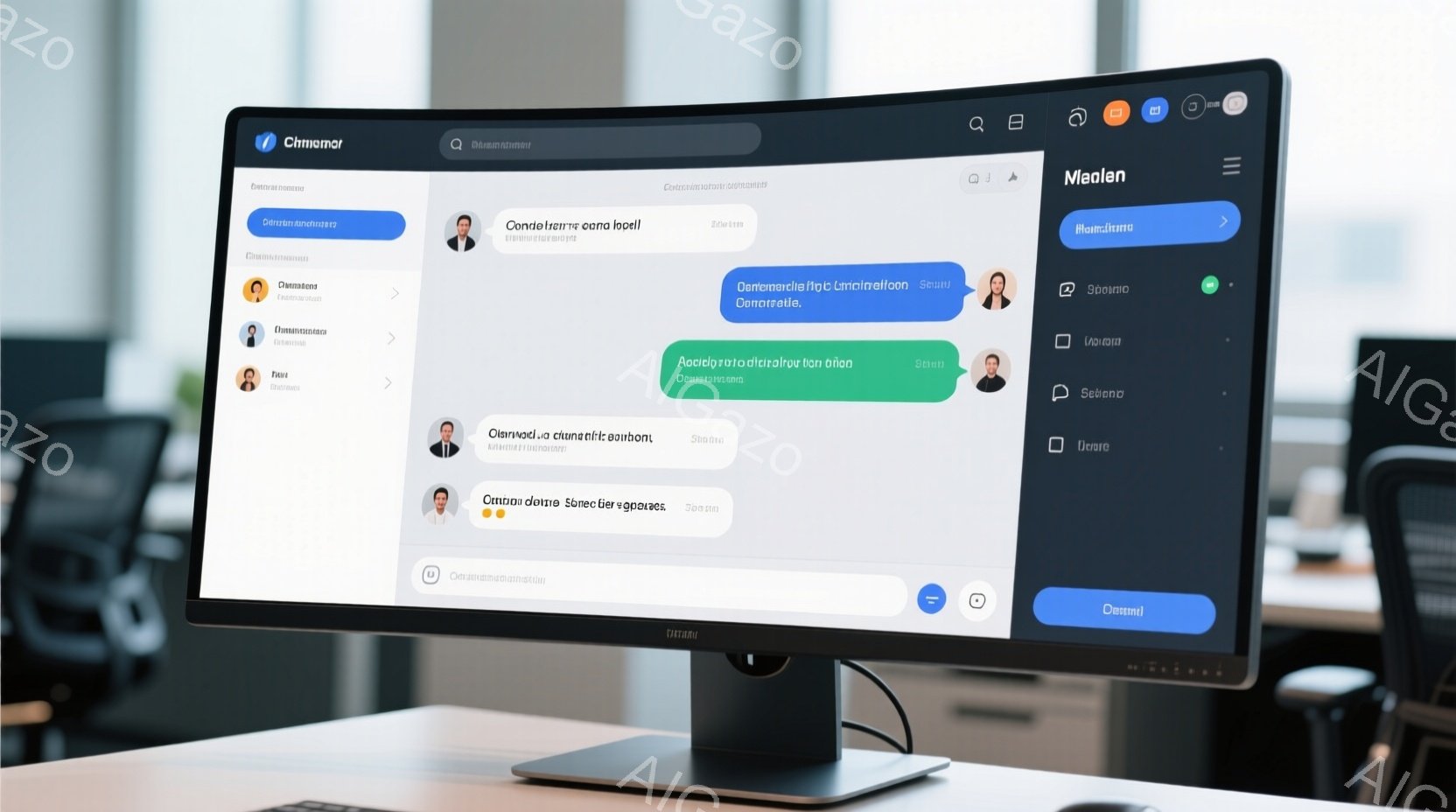 明るいオフィス環境でモニターに表示されたビデオ会議画面を捉えています。画面には、それぞれスーツ姿の複数の人物が映っており、顔は小さく、表情ははっきりしませんが、プロフェッショナルな雰囲気が漂っています。背景にはオフィス家具や、ぼんやりとした人物が見え、全体としてビジネスシーンを連想させる現代的な雰囲気です。