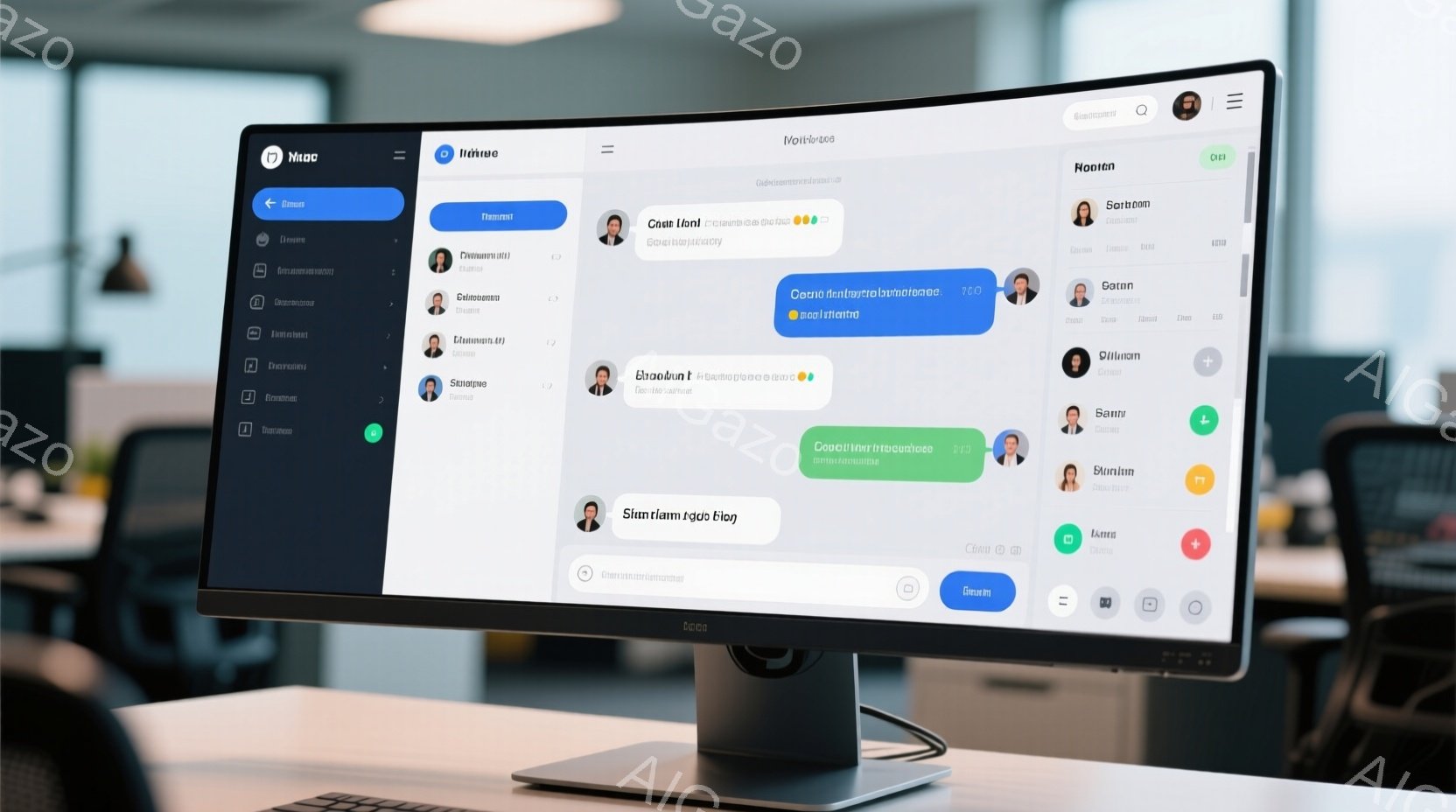 白いモニターがデスクに置かれ、画面にはチャットアプリケーションのインターフェースが表示されています。複数のユーザーアイコンとメッセージが表示され、通信やコラボレーションの様子が伺えます。背景にはぼやけたオフィス空間が見え、現代的な職場環境を連想させます。