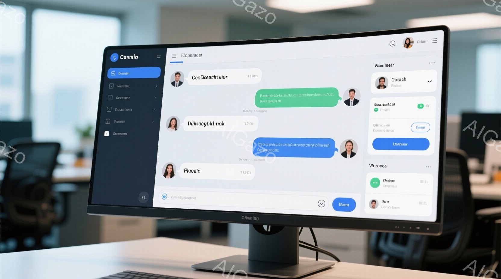 現代的なオフィス環境で、モニターにビデオ会議の画面が表示されている様子を捉えています。 画面には、異なる人々のポートレートが並び、それぞれがビデオ通話に参加しているかのような印象を与えています。 全体的に青を基調とした落ち着いた雰囲気で、ビジネスシーンを彷彿とさせます。