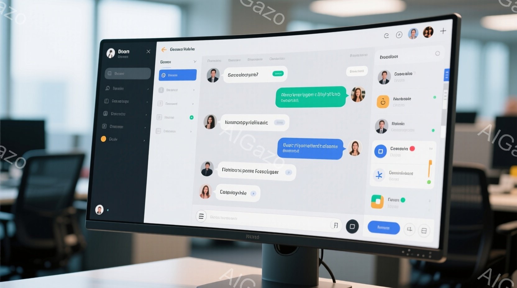 画面には、ソーシャルメディアプラットフォームのインターフェースが表示されており、プロファイル写真と名前がリストアップされています。背景には、オフィス環境のぼやけた様子が見え、人々が仕事をしているのがわずかに確認できます。全体的に、モダンでプロフェッショナルな雰囲気が漂い、デジタルコミュニケーションやソーシャルネットワーキングに焦点を当てた画像です。