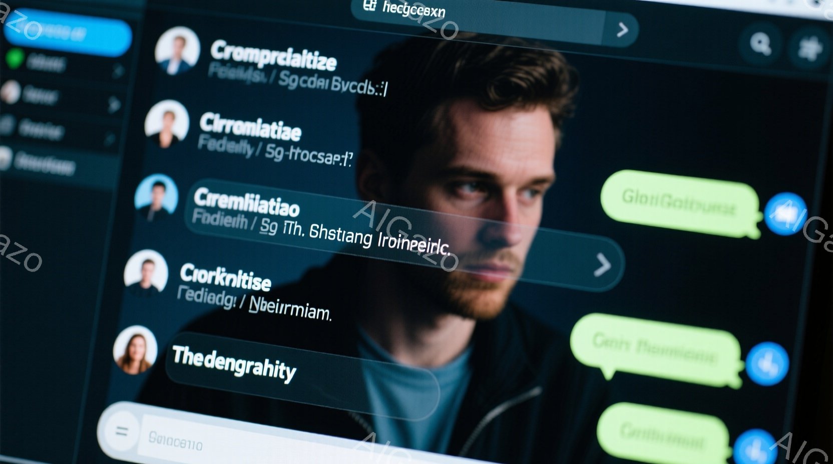 画面には、青色の背景に多くの小さなアイコンとテキストが表示されたインターフェースが写っています。左側には、茶髪で髭を生やした男性の顔が大きく写っており、彼はグレーのセーターを着て、少し厳しい表情をしています。全体的に、デジタルインターフェースと人物の組み合わせが、現代的な雰囲気とどこか憂いを帯びた印象を与えます。
