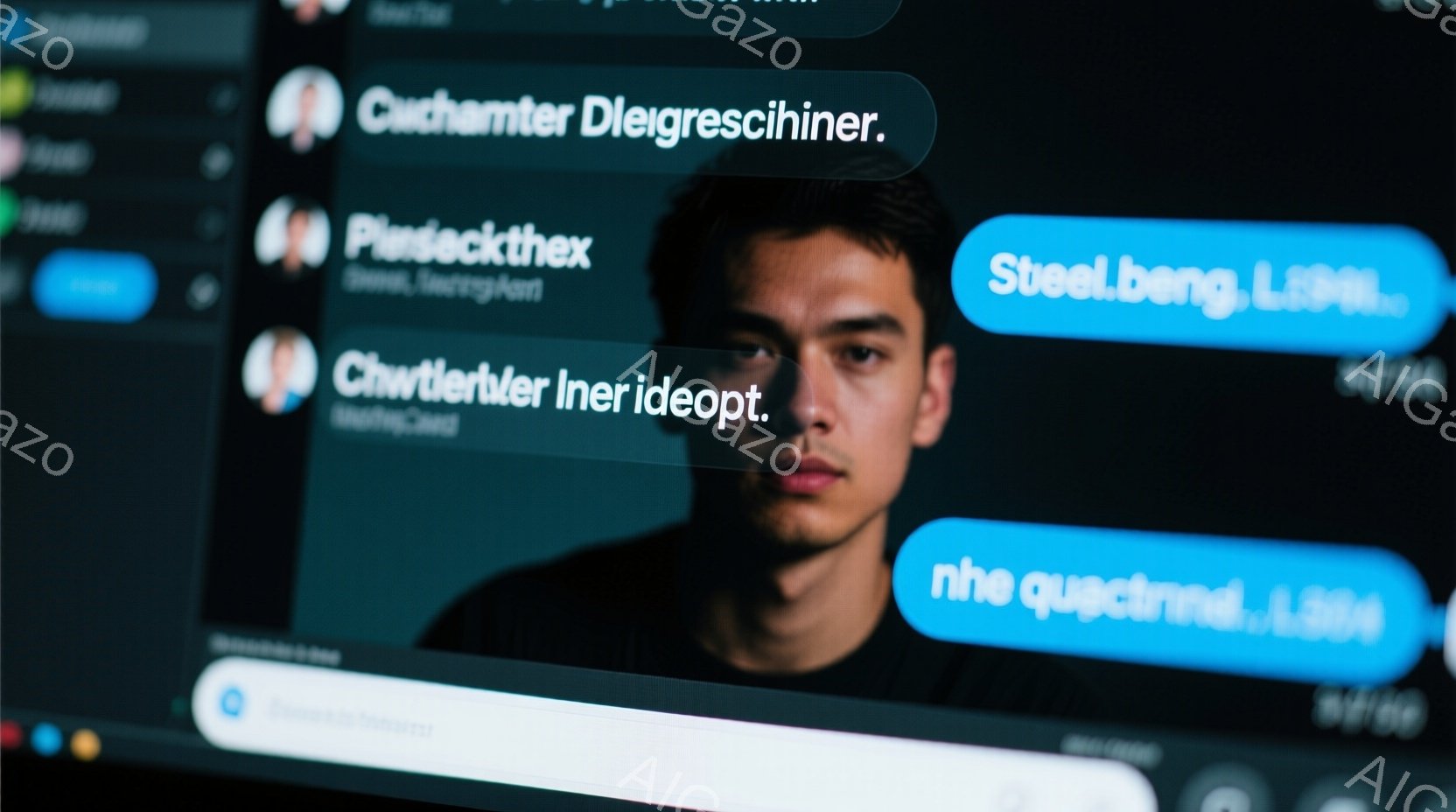 画面上に表示されたソーシャルメディアインターフェースの一部を捉えています。若い男性がプロファイル写真として表示されており、黒い服を着て、短く整髪された髪型で、やや憂いのある表情をしています。背景は暗く、様々なユーザー名やメッセージがぼやけて表示されており、デジタルな雰囲気を感じさせます。