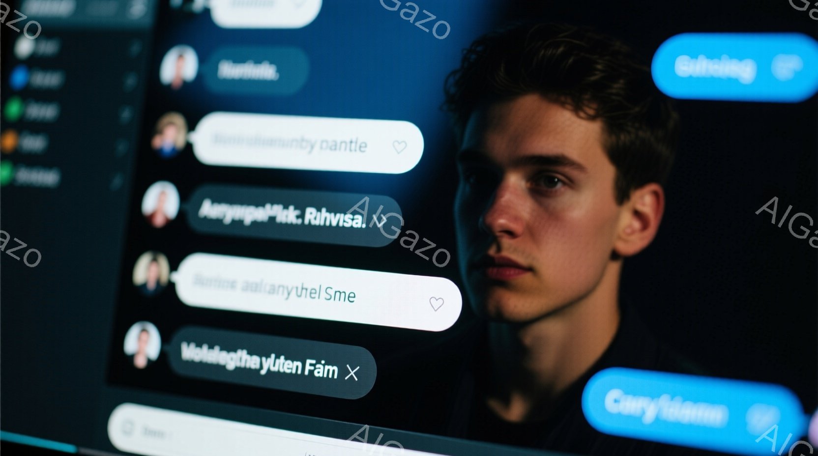 青色の背景に、若い男性のポートレートです。彼は黒髪で、少し憂いのある表情をしており、カジュアルな服装をしています。背景には、ソーシャルメディアのインターフェースのようなものがぼやけており、青色のボタンとユーザー名が表示されています。