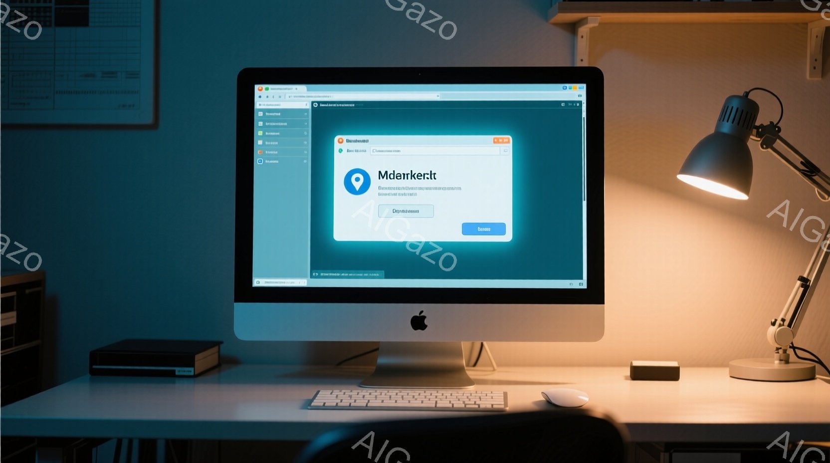 デスクトップコンピュータが中央に配置され、画面には青色のウィンドウが表示されており、何らかのウェブサイトのインターフェースが映し出されています。机の上にはキーボード、マウス、そして数冊の本が置かれ、その横にはデザイン性の高いデスクランプが配置されています。暖色系の照明が室内を照らし、落ち着いた雰囲気を作り出しています。
