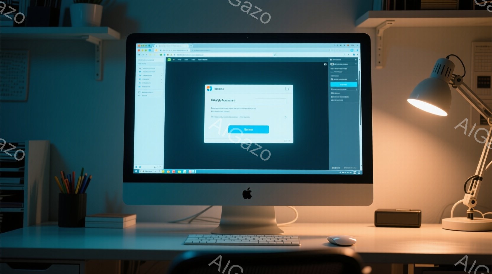 デスクの上に置かれたアップルのiMacが写っており、画面には「DataViz」というソフトウェアのロゴが表示されています。デスクの上には色鉛筆が立てられたカップと、様々な文房具が置かれています。背景には棚が見え、全体的に暖色系の照明で照らされており、落ち着いた雰囲気です。