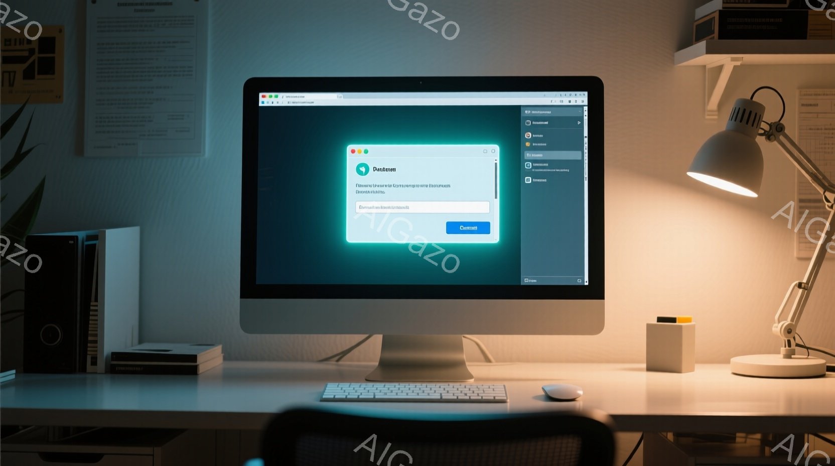 デスクの上には、画面にウェブページが表示されたiMacが置かれています。背景には本棚と、モダンなデザインのデスクランプが見え、落ち着いた雰囲気の作業スペースが演出されています。全体的に暖色系の照明で照 - AI生成フリー素材