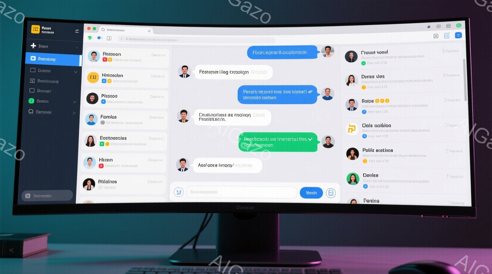 パソコンの画面に表示されたビデオ会議のインターフェースを捉えています。画面には複数の参加者のアイコンと名前がリストされており、上部にはツールバーが表示されています。全体的に青と白を基調としたモダンなデザインで、ビジネス会議やオンラインコミュニケーションの雰囲気を醸し出しています。