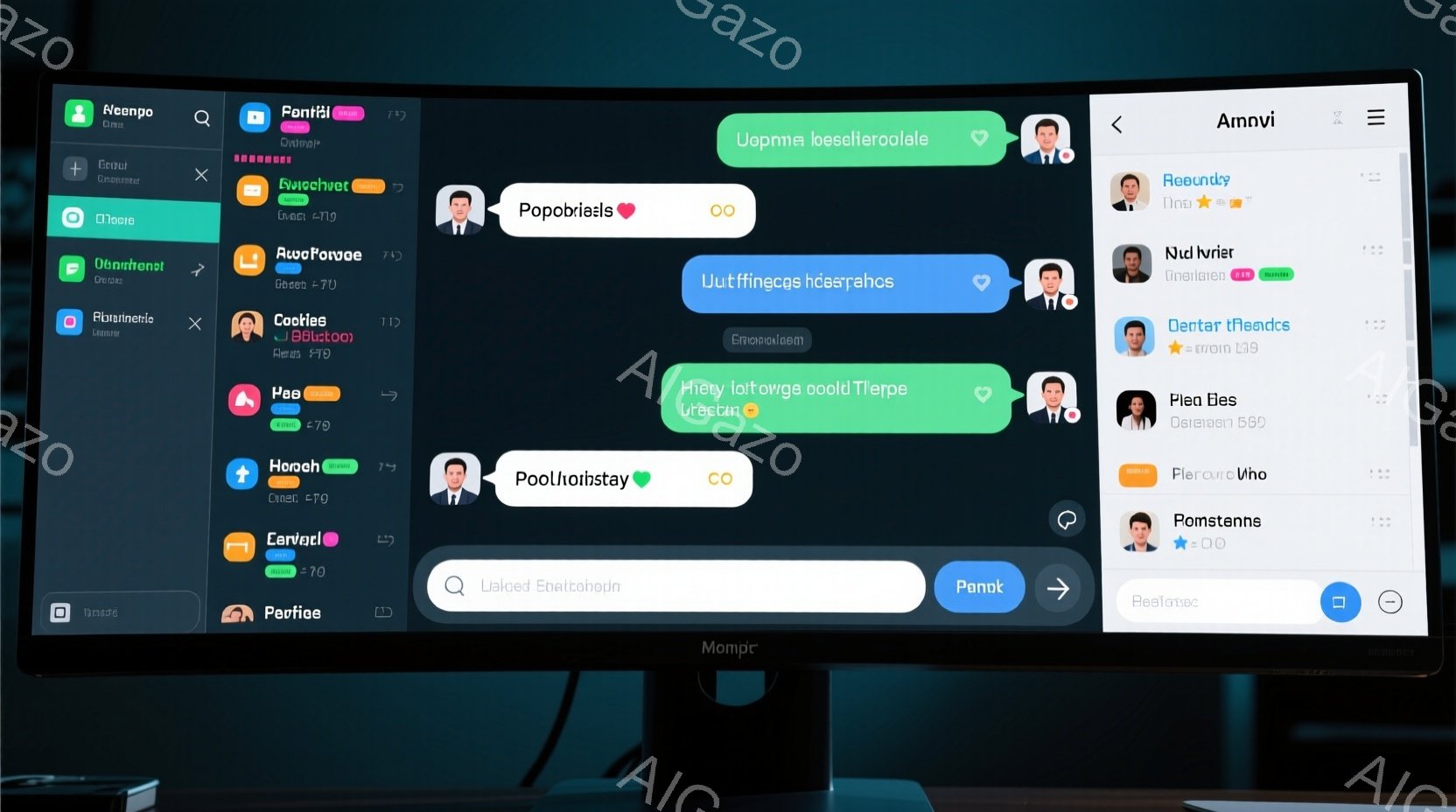 画面には、様々なアイコンと人物のポートレートが並んだデジタルインターフェースが表示されています。各ポートレートは、名前とステータスを示すテキストとともに配置されており、まるでビデオ会議やチャットアプリのインターフェースのようです。背景は暗く、モニターの画面が光を放っている様子が伺え、全体的にモダンでテクノロジーを感じさせる雰囲気です。