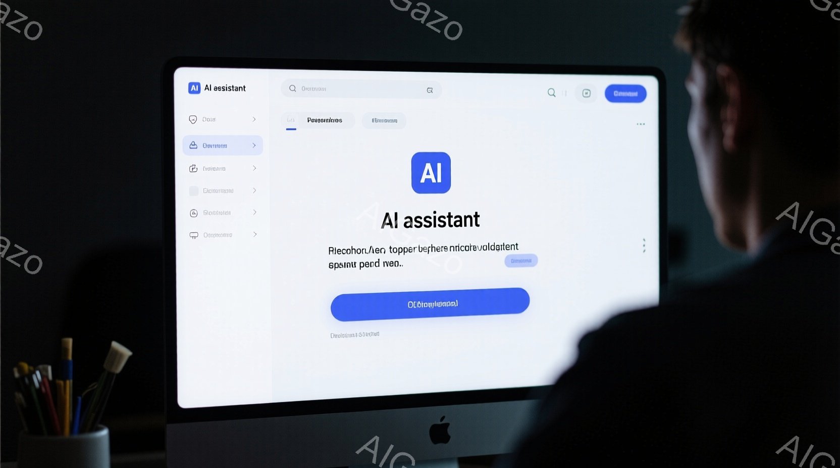 画面には、ノートパソコンの画面が映っており、画面には白地に青いボタンとテキストが表示されています。左側には、カラフルなペンが立てられたカップが置かれ、手元には手がスマートフォンを操作している様子が伺えます。全体的に、モダンでミニマルなワークスペースの雰囲気が漂っています。