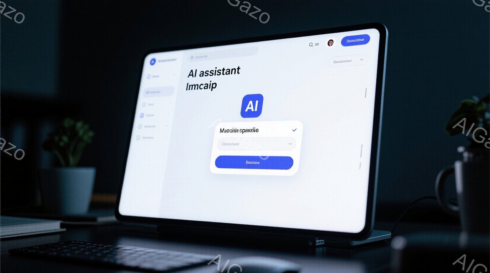 デスクトップパソコンの画面には、AIアシスタントのインターフェースが表示されており、左側にメニュー項目が並んでいます。画面上部には「Description」というボタンが配置され、右下にはキーボードが見えます。背景にはぼやけた植物とデスク周りの小物が写り込み、モダンでミニマルな雰囲気を醸し出しています。