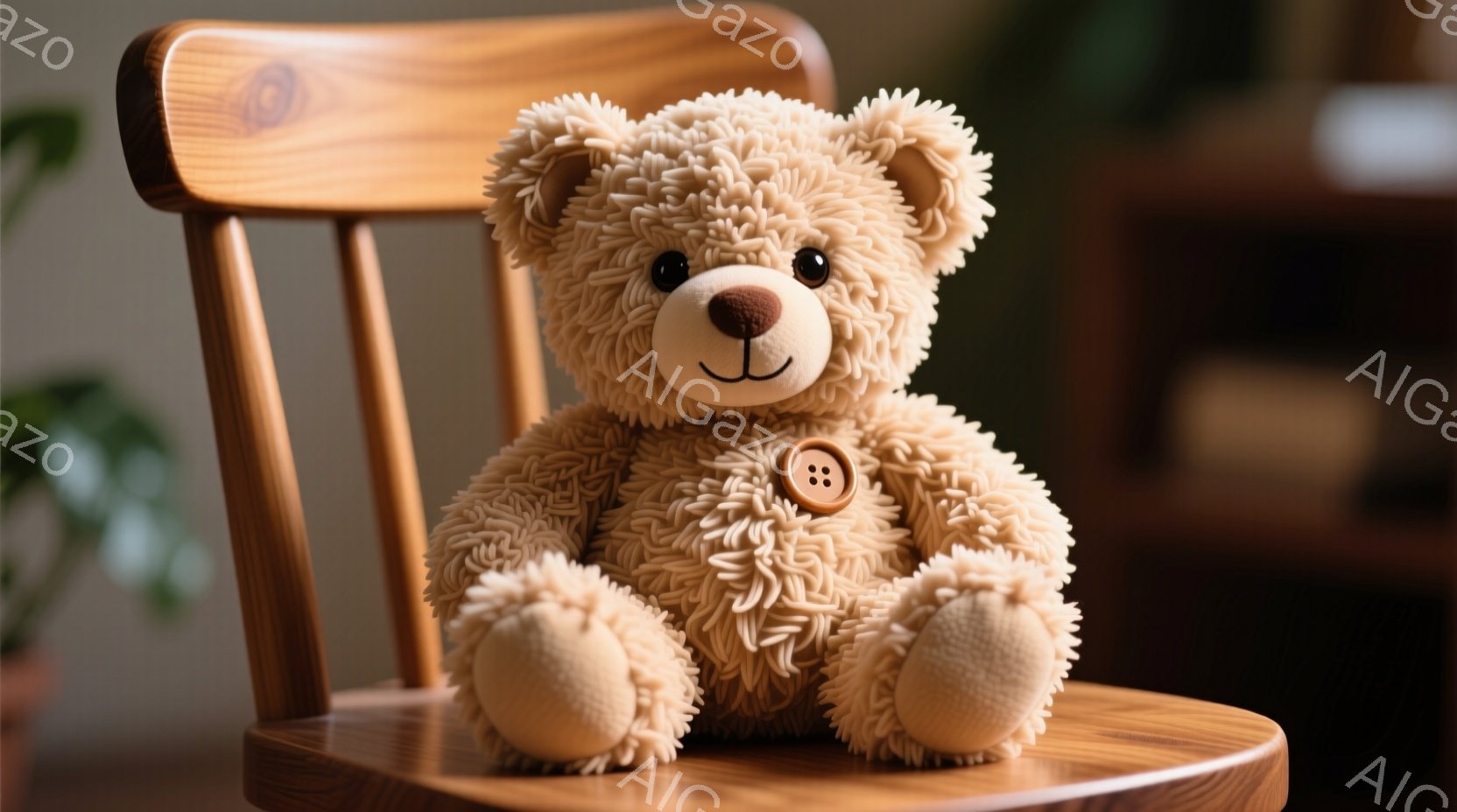 温かみのある茶色のテディベアが木製の椅子に座っています。ベアはフワフワとした毛並みで、つぶらな瞳と控えめな笑顔が愛らしい印象を与えます。背景には、ぼやけた植物や家具が見え、穏やかで優しい雰囲気を醸し出しています。