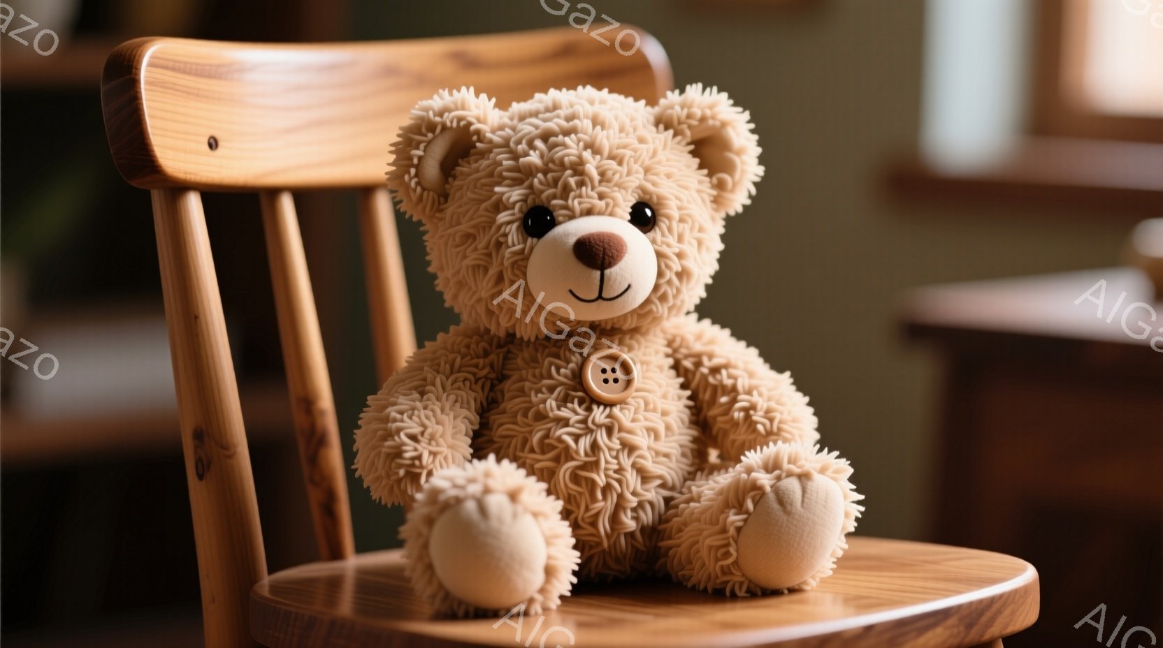 ふわふわの茶色のテディベアが、木製の椅子に座っています。ベアはボタンの付いたベストを着ており、優しい表情で正面を見ています。背景にはぼやけた木製の家具があり、温かく、居心地の良い雰囲気です。