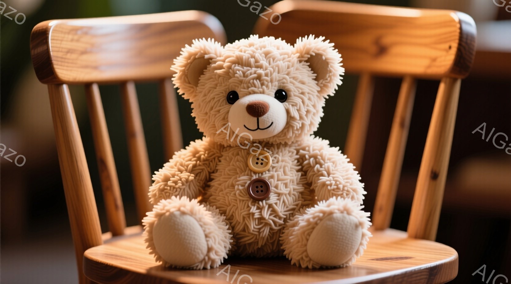 ふわふわのクリーム色のテディベアが、木製の椅子に座っています。ベアは大きなボタンの付いたベストを着ており、穏やかで優しい表情をしています。背景はぼやけていますが、暖色系の室内であることがわかります。 - AI生成フリー素材