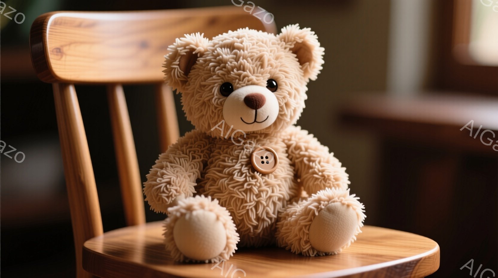 柔らかいクリーム色のテディベアが木製の椅子に座っています。丸い鼻と優しい表情をしており、胸にはボタンが付いています。背景はぼやけていますが、室内の暖かく穏やかな雰囲気が伝わってきます。