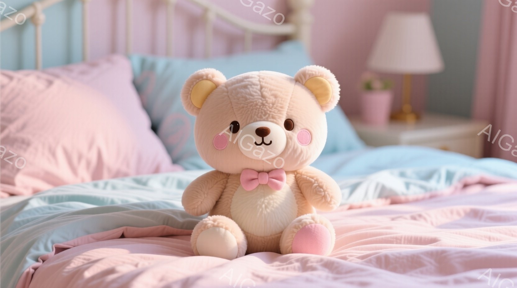 あなたが提供された画像は、ピンクとブルーのデュベットに寝ている綺麗な枕付きのベッド上に座っているカラフルなパンダスタンプ。 パンダは大きな目を持ち、小さな花の結びをつけています。 背景は簡単であり、照明は柔らかく、ピンク色が鮮やかに感じされる。 この場面はとても可愛く、温かみがあり、童話のような雰囲気を漂わせています。