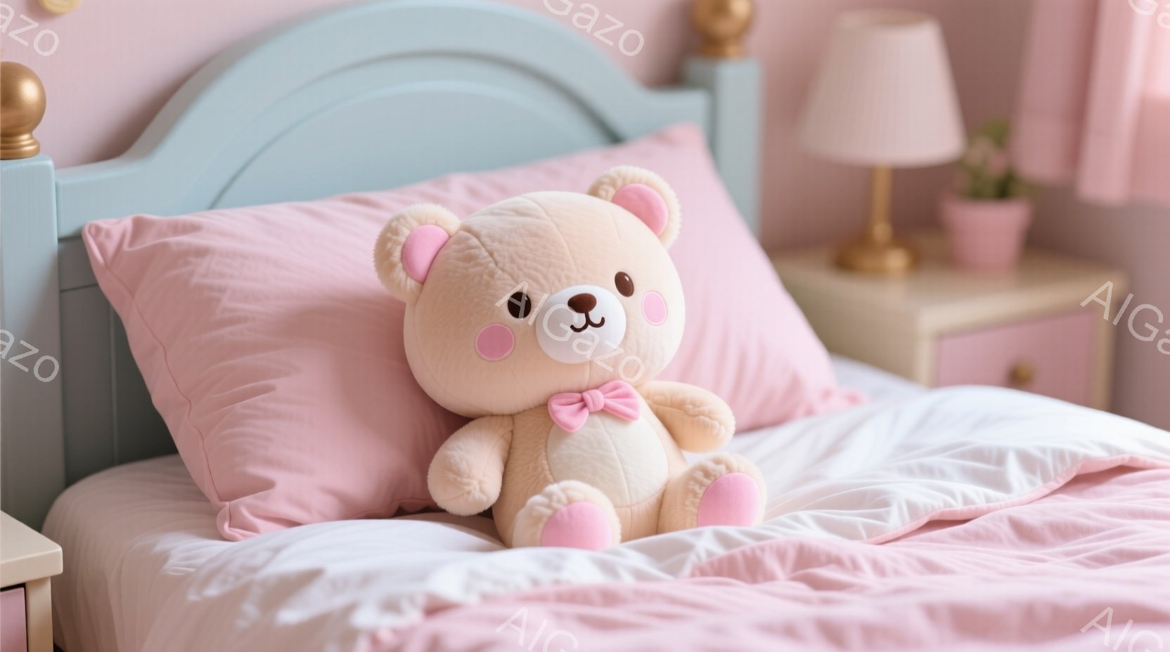 薄いクリーム色のテディベアがピンク色の枕と白いベッドシーツの上に座っています。ベアは小さなピンク色の蝶結びのボウタイをつけており、愛らしい表情をしています。背景には、ピンク色のナイトスタンドとランプ、そして淡いブルーのベッドフレームが見え、全体的に柔らかく、心地よい雰囲気です。