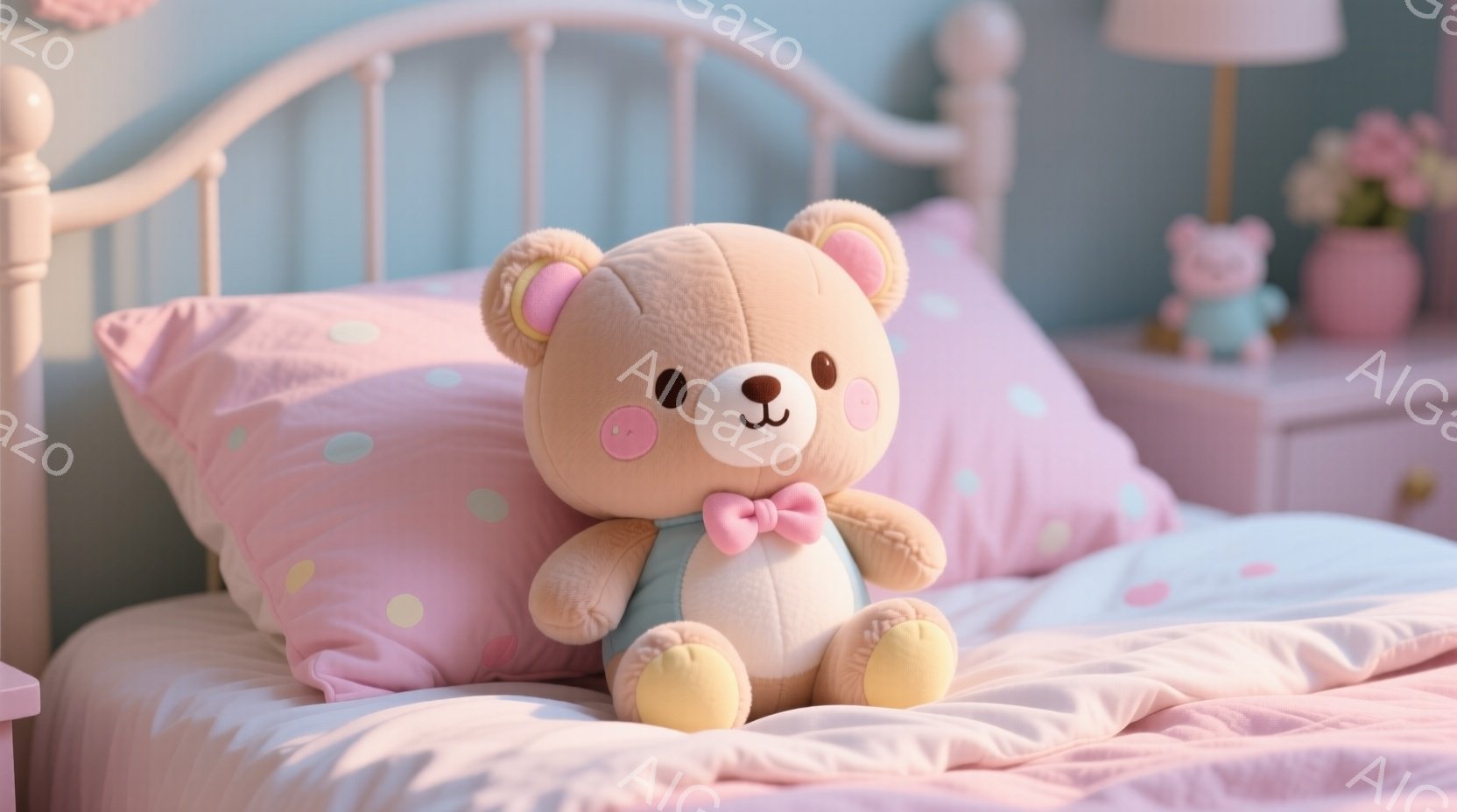 ふわふわの茶色のテディベアが、ピンク色の水玉模様の枕とベッドの上に座っています。ベアは水色のボディスーツと黄色の足、ピンク色のリボンをつけており、愛らしい表情をしています。背景には、花が飾られたナイトテーブルと、淡いピンク色の装飾が施された可愛らしいベッドルームが見えます。