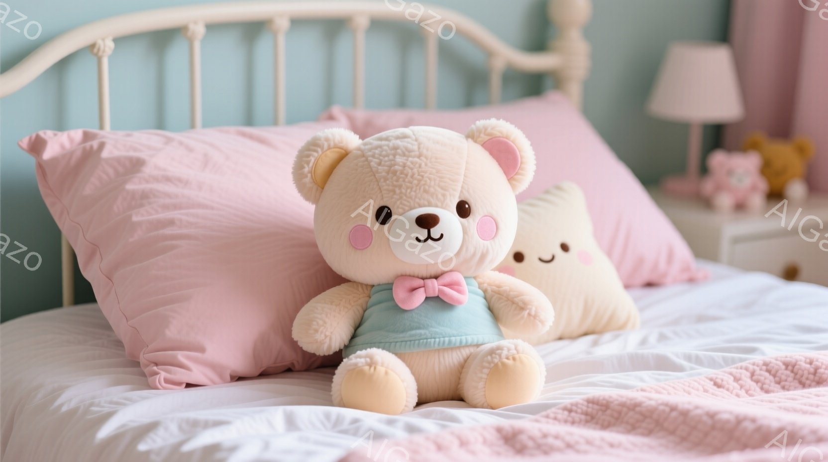柔らかいピンク色のベッドの上に、ふわふわのベージュ色のクマのぬいぐるみが座っています。淡い水色のリボンを結んだクマは、穏やかな表情で正面を見つめており、隣には同じくクマの形をした枕が置かれています。背景には、優しい色合いのベッドサイドテーブルとランプがあり、全体的に暖かく、リラックスした雰囲気です。