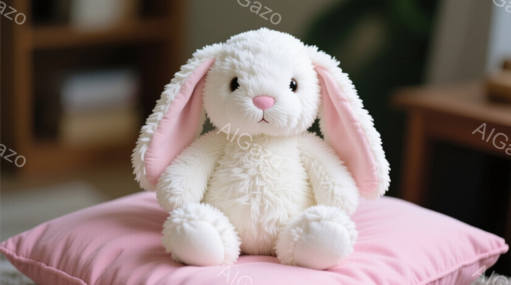 ふわふわの白いウサギのぬいぐるみは、ピンク色のクッションの上に座っています。そのウサギは丸い体型で、ピンク色の内側の耳が特徴的です。背景には木製の棚が見え、全体的に柔らかく温かい雰囲気が漂っています。