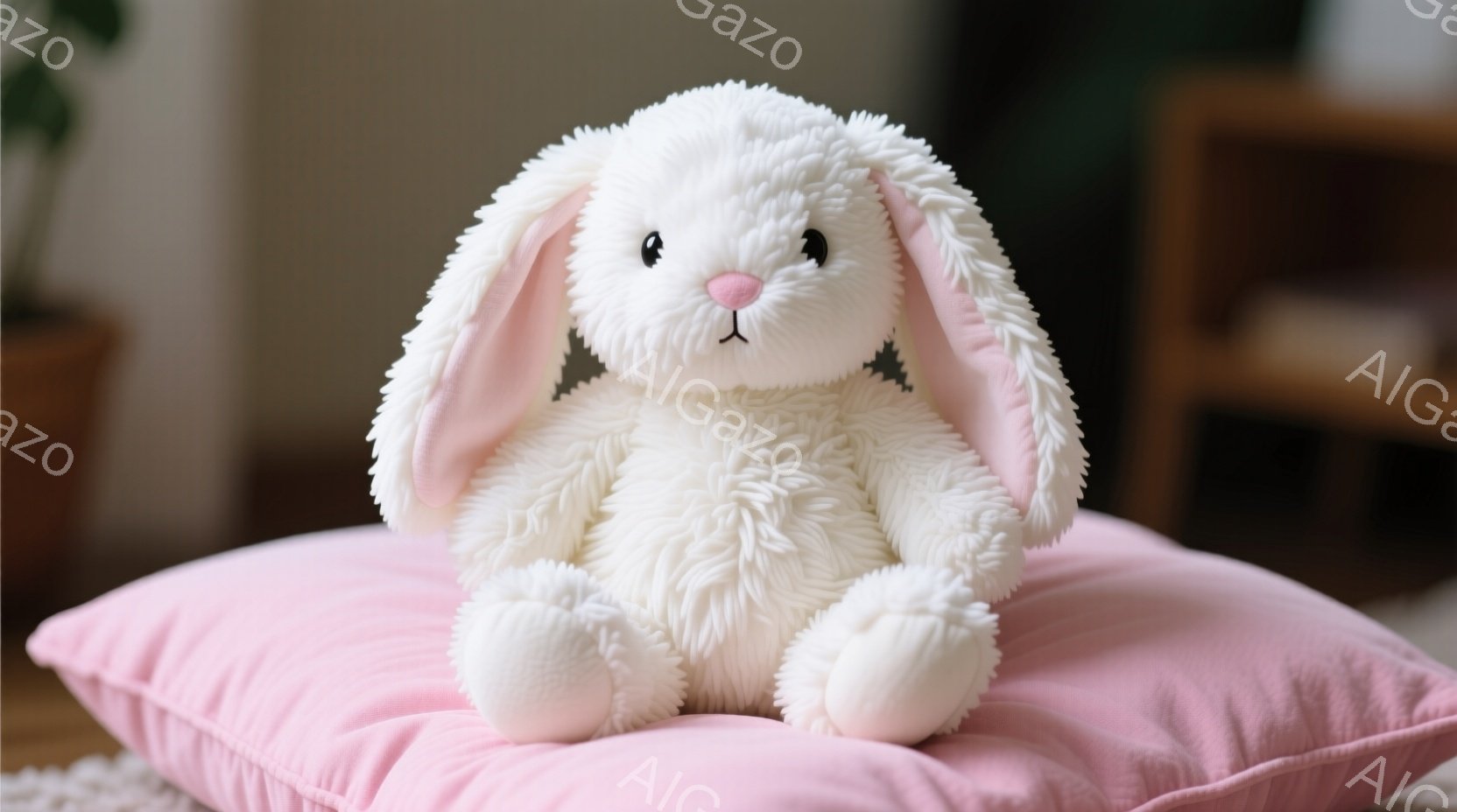 ふわふわの白いウサギのぬいぐるみは、明るいピンク色の枕の上に座っています。ピンク色の内側が特徴的な長い耳は少し垂れており、可愛らしい表情をしています。背景にはぼやけた家具が見え、全体的に温かく優しい雰 - AI生成フリー素材