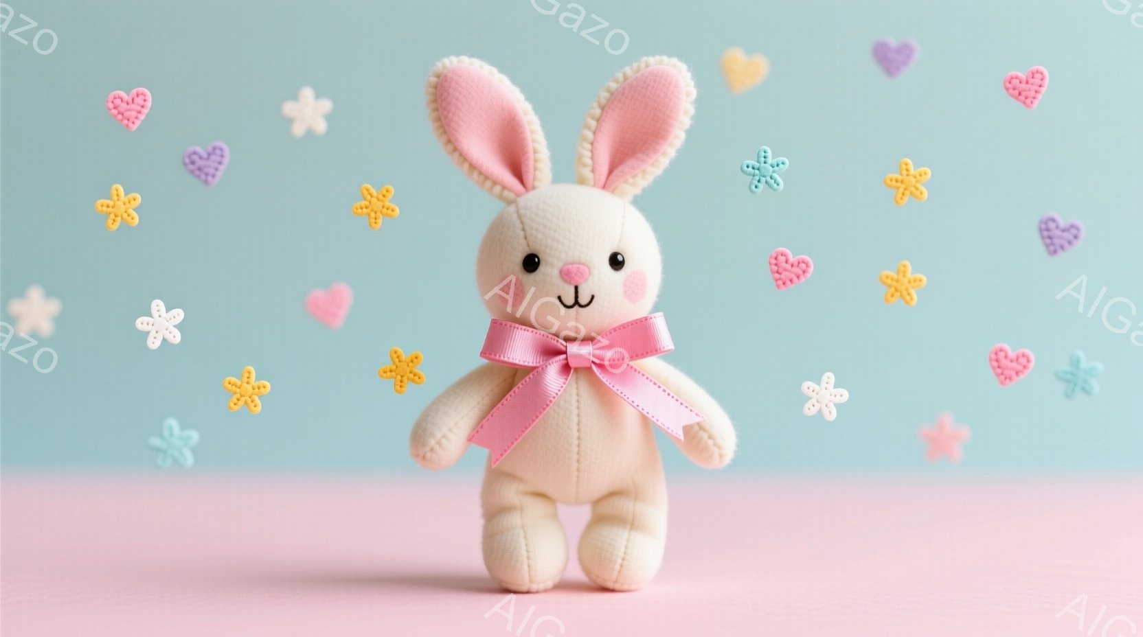 ふわふわのピンクのリボンをつけた白いウサギのぬいぐるみです。つぶらな瞳と小さな鼻で、愛らしい表情をしています。背景は淡いピンク色で、様々な色の小さな花とハートの形が散りばめられ、春らしい、優しい雰囲気 - AI生成フリー素材