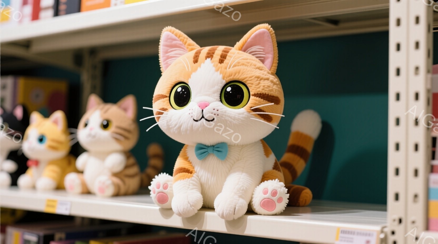 白とオレンジ色の縞模様の猫のぬいぐるみたちが棚に並んで座っています。一番手前の猫は水色の蝶ネクタイを付けており、丸い目でこちらを見ています。背景は白く、他のぬいぐるみや商品が見え、明るく可愛らしい雰囲気が漂っています。