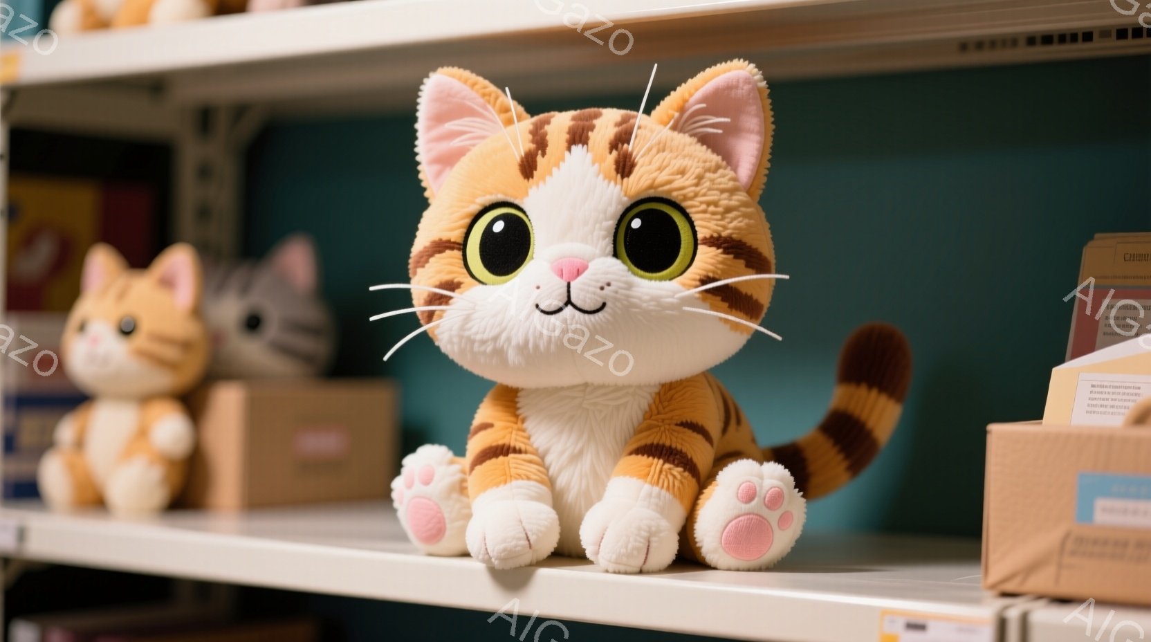 白い棚に座っているのは、オレンジと茶色のしま模様の猫のぬいぐるみです。大きな目とピンクの肉球が特徴で、可愛らしい表情をしています。背景には他のぬいぐるみや箱が見え、明るく柔らかい雰囲気が漂っています。 - AI生成フリー素材