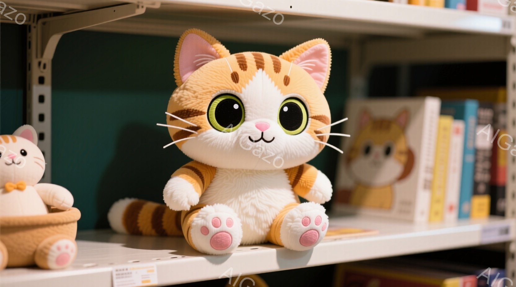 白い棚に座っているのは、オレンジと白の縞模様の猫のぬいぐるみです。大きな緑色の目とピンク色の肉球が特徴で、愛らしい表情をしています。背景には他のぬいぐるみや本が見え、おもちゃや書籍を扱うお店の一角のようです。