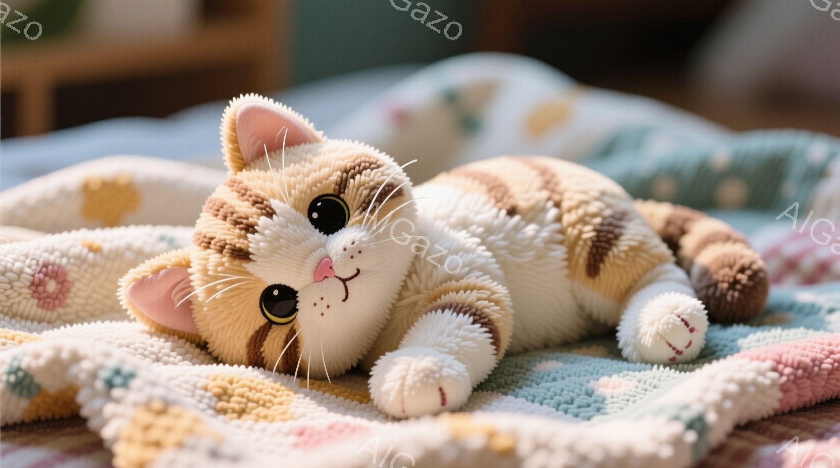 可愛らしい猫のぬいぐるみを特徴としています。猫はベッド上に横たわっており、目が輝き、手のひらを下げてくつもりな表情であり、人間のように閉じた目を持っています。 背景は幾種類の色と模様が入り混ぜた枕カバーで、コツコツした荒れた風格があります。全体として、おかしな可愛さと彩色が絶賛です。