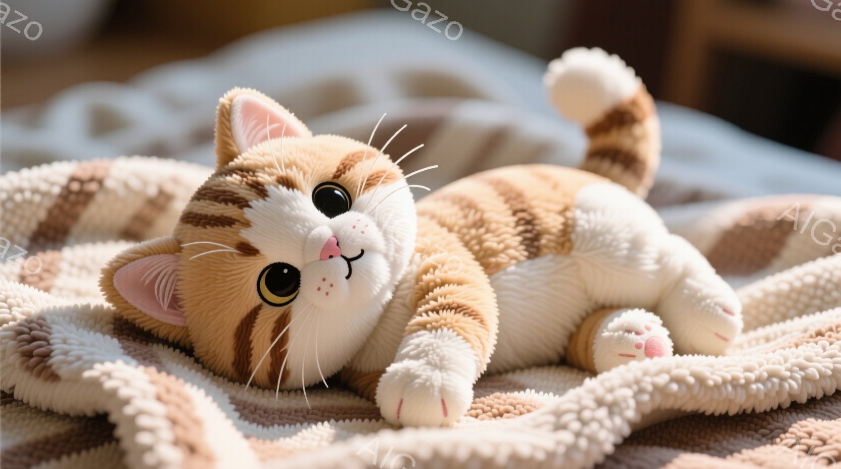 柔らかい毛並みのオレンジと白の縞模様の猫が、ふかふかの茶色いブランケットの上に横たわっています。大きな瞳は明るく輝き、口元はわずかに微笑んでいるように見え、リラックスした様子が伺えます。背景はぼやけていますが、暖かく穏やかな雰囲気の室内であることがわかります。