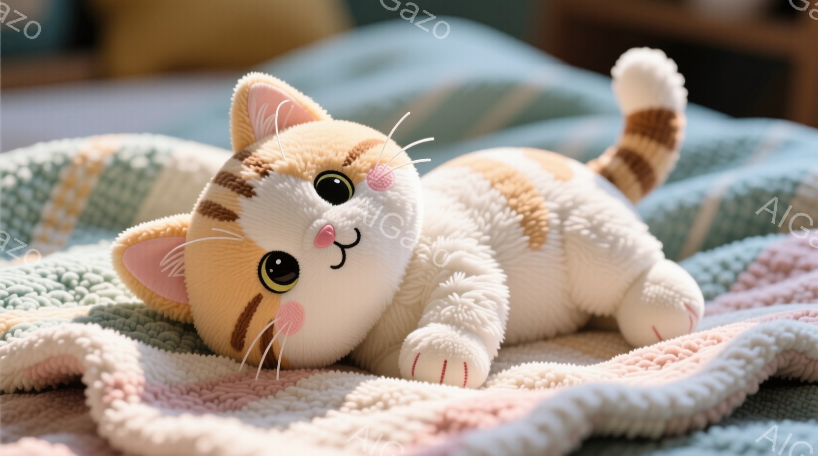 白と茶色の縞模様のふわふわした猫のぬいぐるみは、明るい緑、ピンク、白の編み物のブランケットの上に横たわっています。猫はリラックスした姿勢で、前足を伸ばし、丸い耳と愛らしい表情で、全体的に暖かく心地よい雰囲気です。背景はぼやけていますが、快適な室内環境を暗示しています。