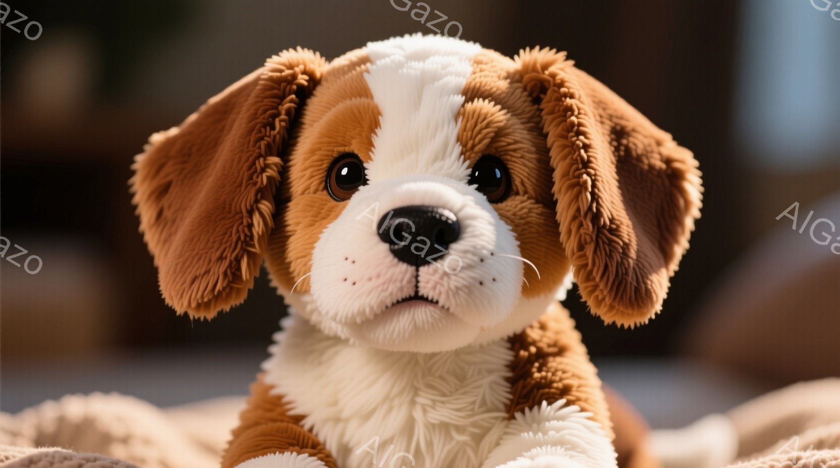 茶色と白の毛並みを持つ、愛らしい子犬のぬいぐるみです。つぶらな瞳とピンク色の鼻で、とても優しい表情をしています。背景はぼやけていますが、明るい室内のような雰囲気で、温かみのある写真です。 - AI生成フリー素材