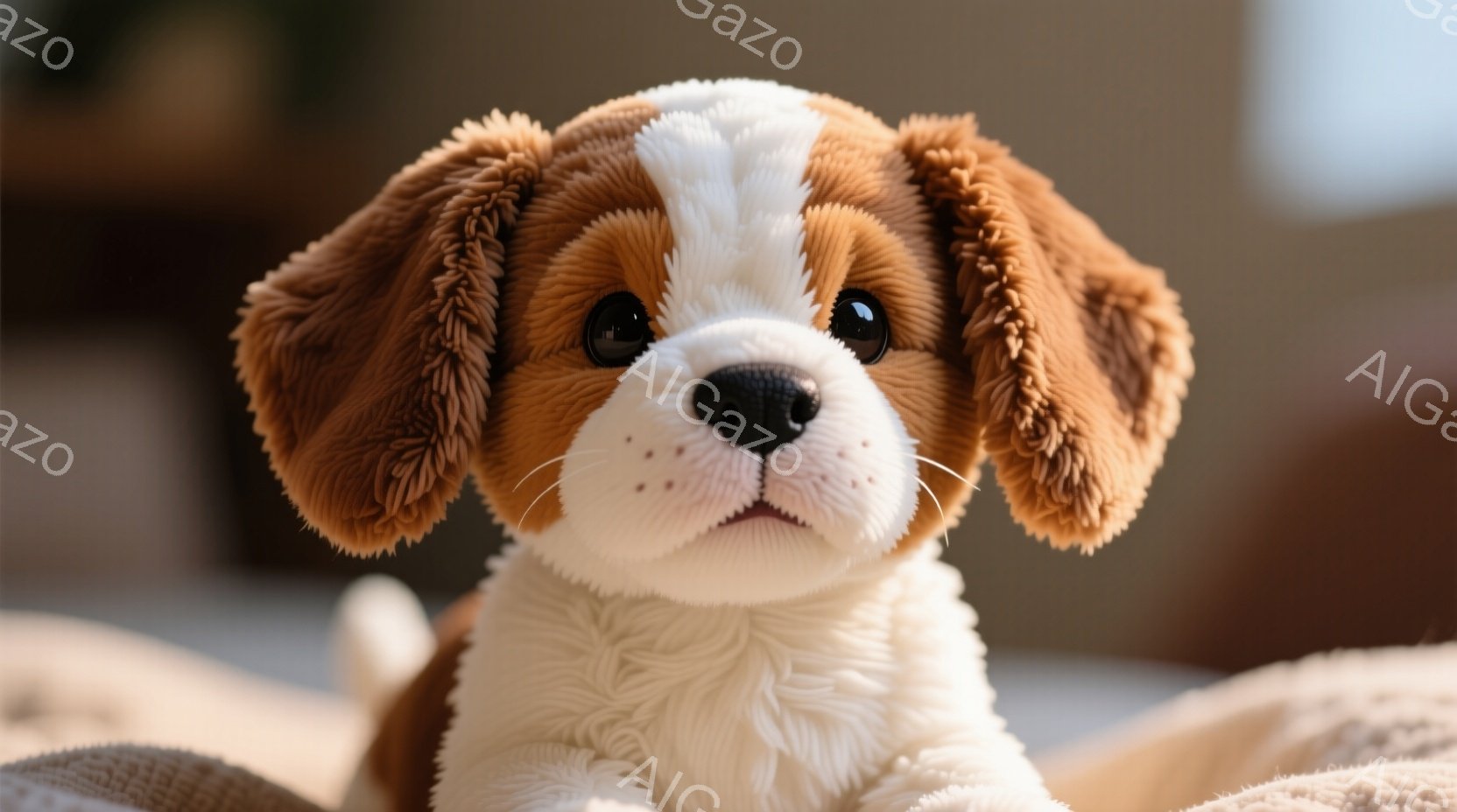 これは愛らしい子犬のぬいぐるみです。白を基調とした体毛に、耳と鼻は茶色で、つぶらな瞳が特徴的です。柔らかい質感の毛並みと、わずかに開いた口元が、愛らしい雰囲気を醸し出しています。