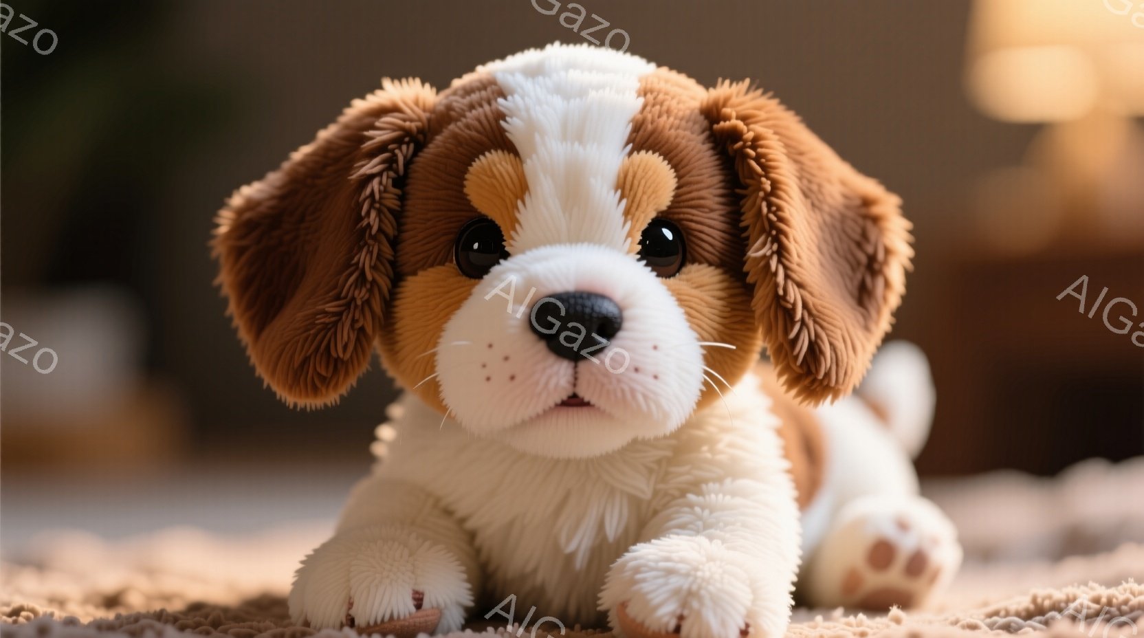 白と茶色のふわふわした子犬のぬいぐるみは、柔らかいカーペットの上にうつ伏せで横たわっています。つぶらな瞳と小さな鼻が愛らしい表情を作り出し、安心感と温かさを感じさせます。背景はぼやけており、焦点は完全に子犬の愛らしさに向けられています。