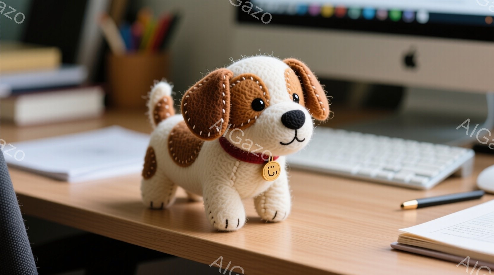 白地に茶色の模様が入った、編み物で作られた犬のぬいぐるみです。赤い首輪をつけており、机の上に立ってこちらを見ています。背景にはコンピューター、筆記用具、書類などが写っており、室内で撮影された温かみのある雰囲気の写真です。