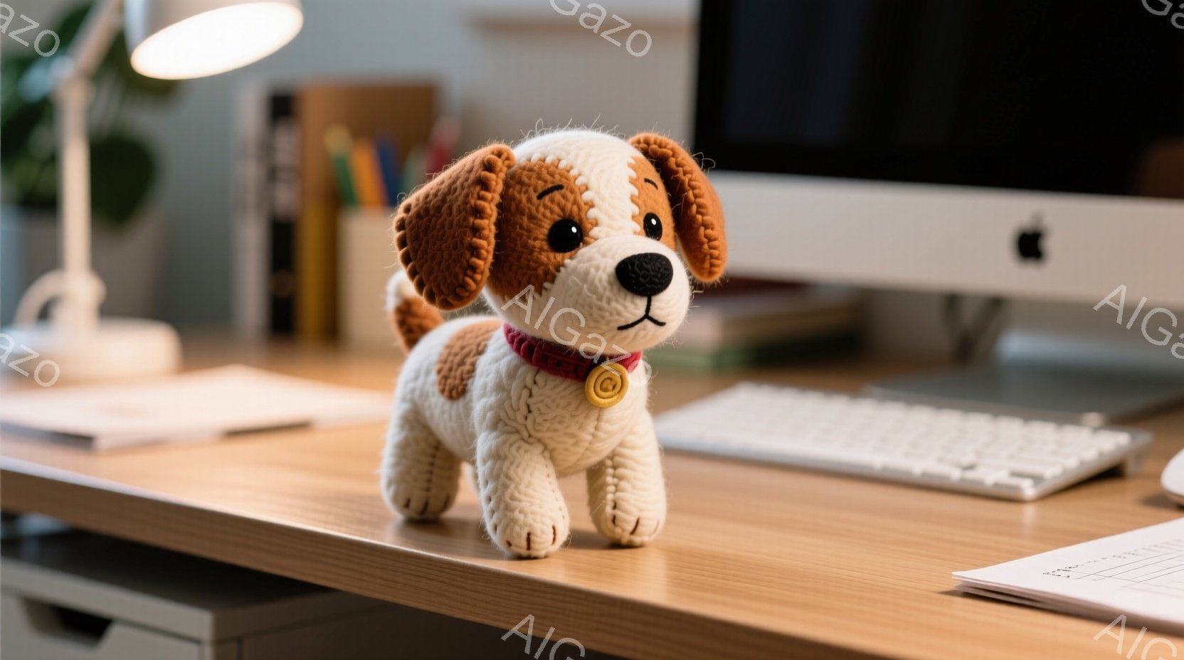 暖かく柔らかな光が照らす机の上に、手編みの犬のぬいぐるみが立っている。茶色と白の毛並みで、赤い首輪をつけており、可愛らしい表情をしている。背景にはパソコンや文房具が写り、仕事や学習スペースの一角を表現している。