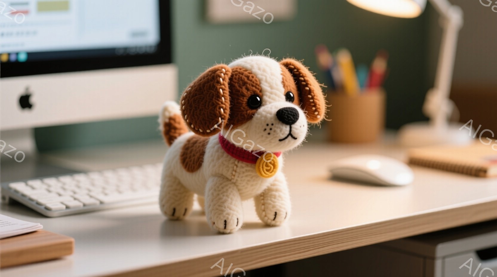 白を基調とした編みぐるみの犬が、明るい木製の机の上に立っている。赤い首輪に金色のタグが付いており、可愛らしい表情をしている。背景にはコンピューターモニター、キーボード、文房具が置かれ、室内で働くための整理された雰囲気である。