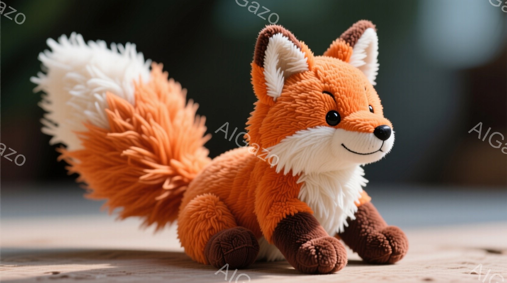 明るいオレンジ色の毛並みを持つ、ふわふわの狐のぬいぐるみです。黒い脚と耳、白い胸元と尻尾が特徴的で、丸い黒い目に愛らしい表情を浮かべています。背景は木製のテーブルで、柔らかな光が差し込み、温かみのある - AI生成フリー素材