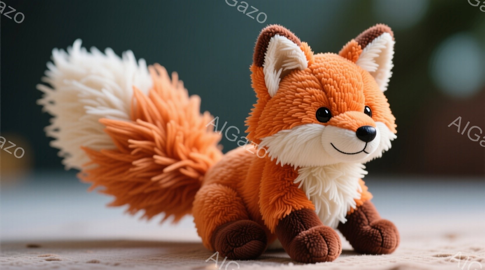 明るいオレンジ色のふわふわした毛並みのキツネのぬいぐるみです。座った姿勢で、丸い黒い目が愛らしく、わずかに微笑んでいます。背景はぼやけた明るいグレーの表面で、ぬいぐるみが際立っています。 - AI生成フリー素材