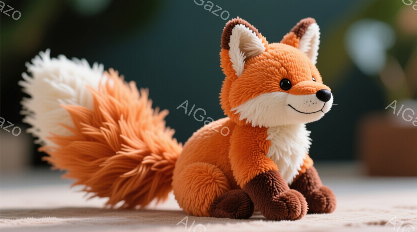 鮮やかなオレンジ色の毛並みを持つ、ふわふわとしたキツネのぬいぐるみです。座った姿勢で、丸い目と愛らしい表情をしています。背景はぼかされており、明るい室内か、木製の床のような場所であることがわかります。 - AI生成フリー素材