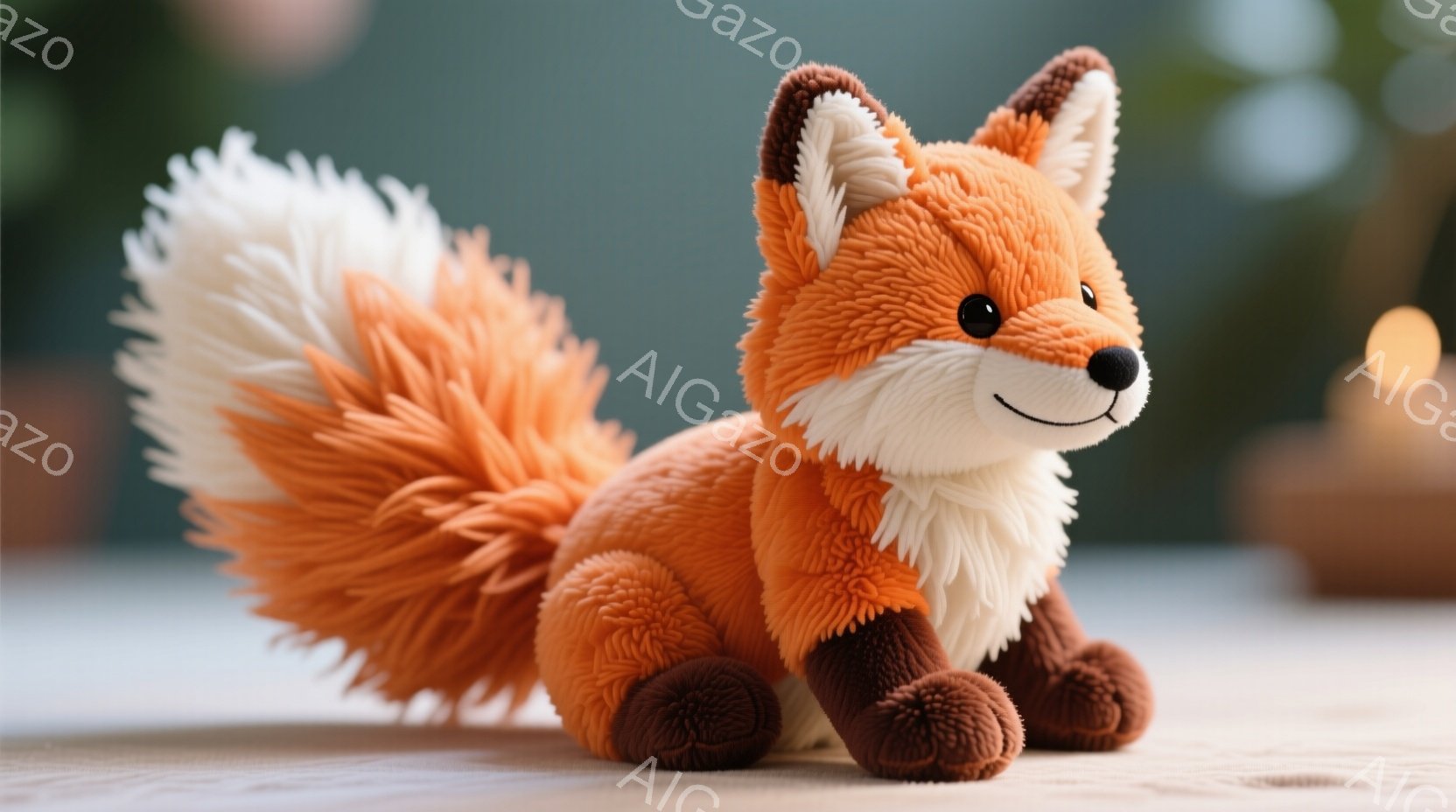 鮮やかなオレンジ色の毛並みを持つ、ふわふわとしたキツネのぬいぐるみです。丸みを帯びた体と、先端が白いふさふさとした尻尾が特徴的で、つぶらな瞳とわずかに微笑んだ表情が愛らしい印象を与えます。背景は木製の - AI生成フリー素材