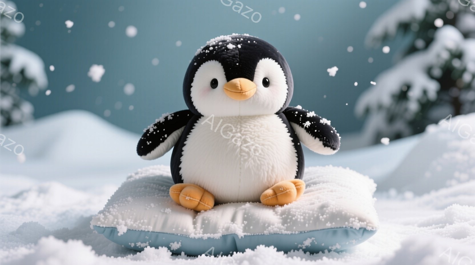 白い雪景色の中に、ふわふわのペンギンのぬいぐるみがお洒落な水色のクッションの上に座っています。ペンギンはつぶらな瞳とオレンジ色のくちばしで可愛らしく、つかの間の休息を楽しんでいるようです。背景にはぼやけた雪景色が広がり、冬の静かで穏やかな雰囲気を醸し出しています。