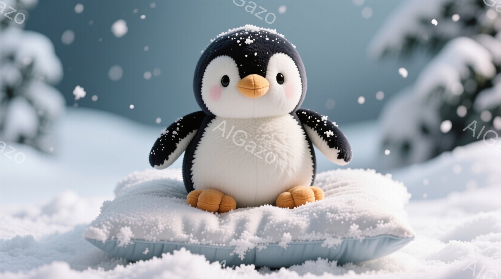 白い雪景色の中に、ふわふわのペンギンのぬいぐるみと淡い水色のクッションが描かれています。ペンギンは丸い体で、オレンジ色の足とくちばしを持ち、つぶらな瞳でこちらを見つめており、雪が少し積もっています。背景にはぼんやりと木々が見え、全体的に穏やかで可愛らしい雰囲気を醸し出しています。