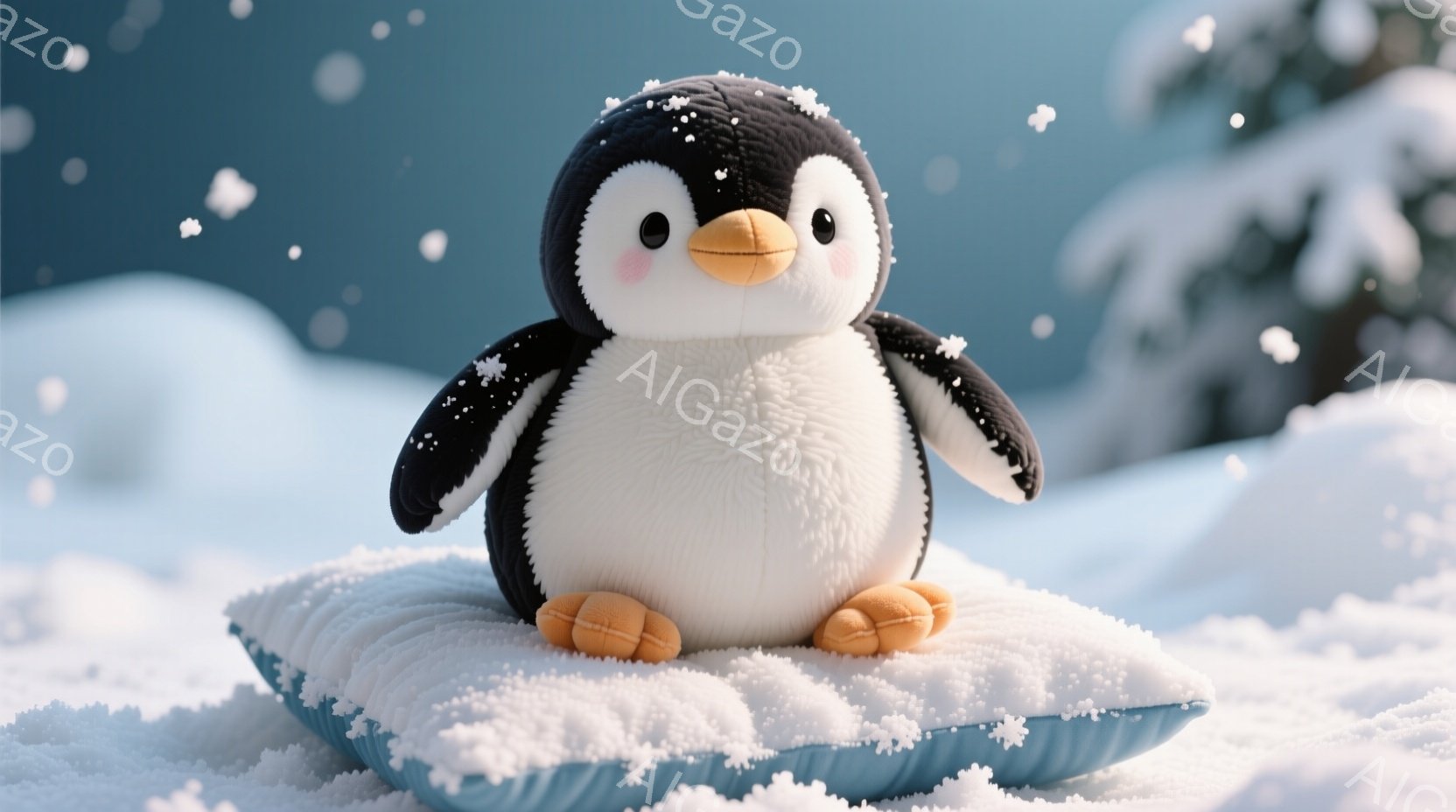 白くてふわふわしたクッションの上に、愛らしいペンギンが座っています。ペンギンは黒と白の毛並みで、オレンジ色のくちばしと頬を持っており、穏やかで優しい表情をしています。背景は雪景色で、遠くにはぼんやりと木々が見え、全体的に温かく、冬の穏やかな雰囲気が漂っています。